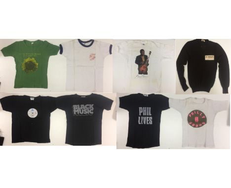 MUSIC PROMOTIONAL CLOTHING. Seven items of music clothing to include: V neck jumper with 'Hot Chocolate' patch (S), a Philly 