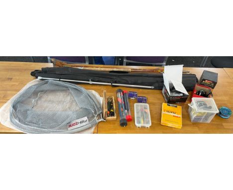 Selection of vintage and later fishing equipment to include  Angler 8 Scout 8-80 Sidecast Fishing Reel, black jack HS30m reel