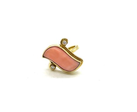 14ct gold, coral and diamond set ladies dress ring, ring size P, 5.3g 