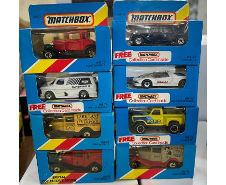 Boxed Matchbox MB73 Ford model A, MB72 Ford Supervan, MB38 Ford Model A, MB38 Ford Model A, MB44 Citreon 15, MB49 Peugeot Qua