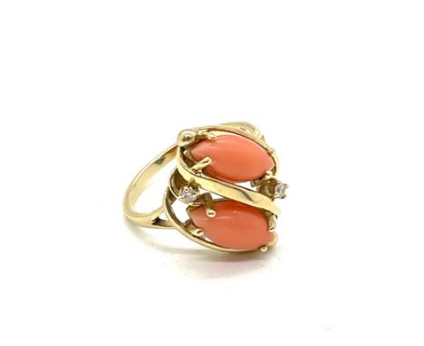 14ct gold, coral and diamond set ladies dress ring, ring size L, 11.3g 