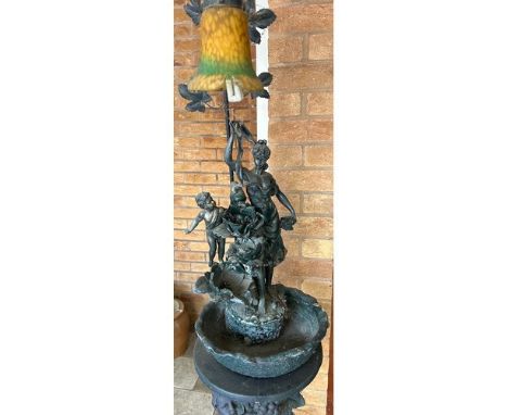 Pair Resin Cherub plinths with lady resin and glass shade lamp, working order, stands, overall height 34 inches, Diameter 13 