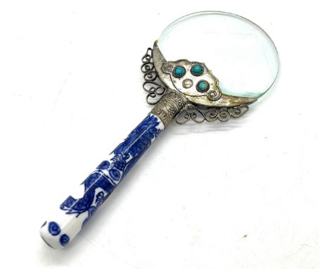 Vintage magnifying glass porcelain canton dragon style handle, turquoise gems 