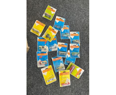 Selection of 1980 Matchbox carded vehicles to include 11 Car Transporter, 2 x 16 Pontiac, No 40 Horse box, 2 x No 53 CJ6 Jeep