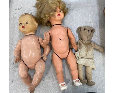 Vintage Palitoy sound doll (non working), vintage jointed doll, vintage well loved teddy 