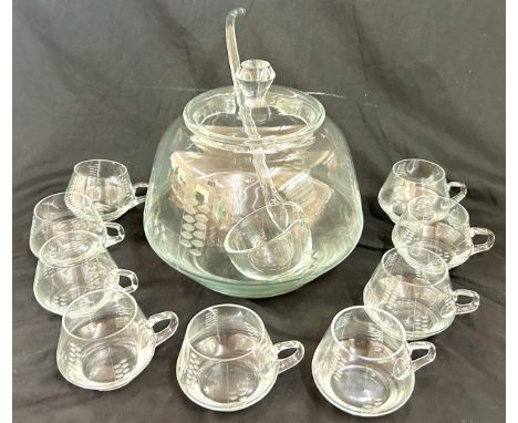 Vintage lidded glass punch box and 9 matching glasses, bowl measures approximately 10 x 8 inches 