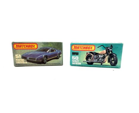 Two Boxed Matchbox 75 collection cars includes Harley davidson 50 and 51 Pontiac firebird SE 