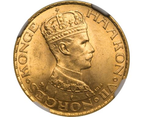 NORWAY. Haakon VII. Gold 20 kroner, 1910. Effigy of king Håkon VII facing right, surrounded by the inscription. The mintmark 