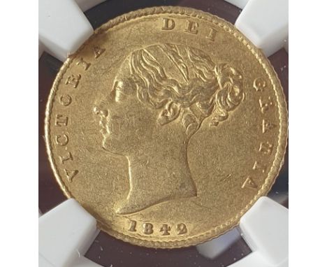 UNITED KINGDOM. Victoria, 1837-1901. Gold half-sovereign, 1842. London. First small young head of Victoria facing left, hair 