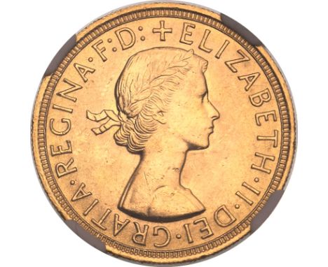 UNITED KINGDOM. Elizabeth II, 1952-2022. Gold sovereign, 1957. Royal Mint. First, laureate head of Elizabeth II facing right;
