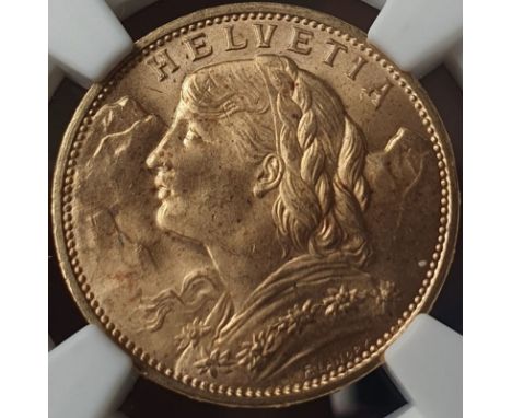 SWITZERLAND. Gold 20 francs, 1915. Bern. Bust portrait of a female personification of Helvetia facing left; Alps in backgroun