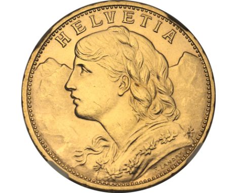 SWITZERLAND. Gold 20 francs, 1916. Bern. Bust portrait of a female personification of Helvetia facing left; Alps in backgroun