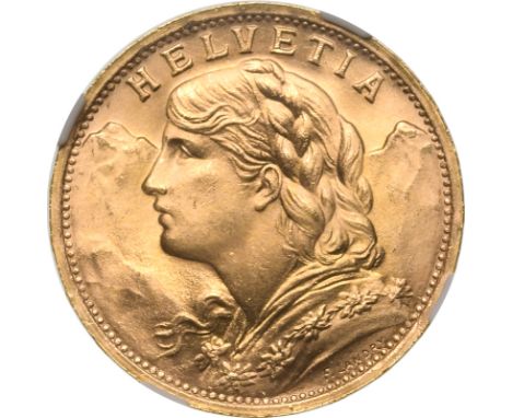 SWITZERLAND. Gold 20 francs, 1935 L. Bern. Around 20 million coins dated "L 1935 B", with the "L" standing for "lingot" (bull