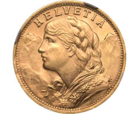 SWITZERLAND. Gold 20 francs, 1935 L. Bern. Around 20 million coins dated "L 1935 B", with the "L" standing for "lingot" (bull