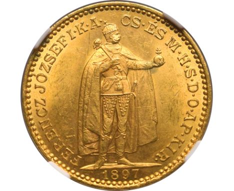 HUNGARY. Gold 20 korona, 1897 KB. Kremnitz. I Ferenc József. Crowned shield with angel supporters "MAGYAR KIRÁLYSÁG KB 20 KOR