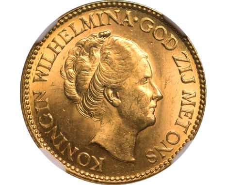 NETHERLANDS. Gold 10 gulden, 1926. Wilhelmina. Right-facing portrait of Queen Wilhelmina. "KONINGIN WILHELMINA·GOD ZIJ MET ON