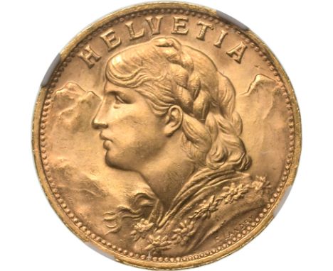 SWITZERLAND. Gold 20 francs, 1947. Bern. Bust portrait of a female personification of Helvetia facing left; Alps in backgroun