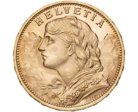 SWITZERLAND. Gold 20 francs, 1930. Bern. Bust portrait of a female personification of Helvetia facing left; Alps in backgroun