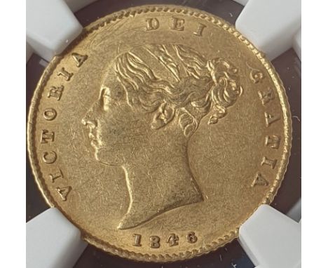 UNITED KINGDOM. Victoria, 1837-1901. Gold half-sovereign, 1846. London. First small young head of Victoria facing left, hair 