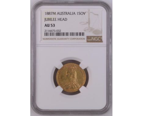 AUSTRALIA. Victoria, 1837-1901. Gold sovereign, 1887 M. Melbourne. First Legend. Angled J. Jubilee bust left, J.E.B. with ang