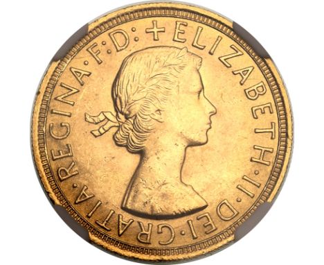 UNITED KINGDOM. Elizabeth II, 1952-2022. Gold sovereign, 1957. Royal Mint. First, laureate head of Elizabeth II facing right;