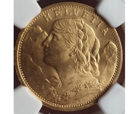 SWITZERLAND. Gold 20 francs, 1897. Bern. Bust portrait of a female personification of Helvetia facing left; Alps in backgroun