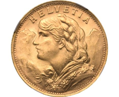 SWITZERLAND. Gold 20 francs, 1947. Bern. Bust portrait of a female personification of Helvetia facing left; Alps in backgroun