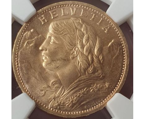 SWITZERLAND. Gold 20 francs, 1927. Bern. Bust portrait of a female personification of Helvetia facing left; Alps in backgroun