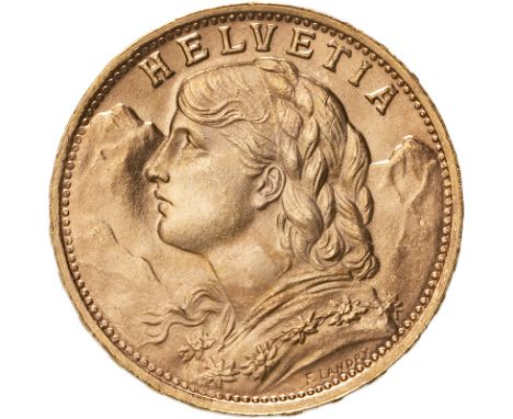 SWITZERLAND. Gold 20 francs, 1947. Bern. Bust portrait of a female personification of Helvetia facing left; Alps in backgroun