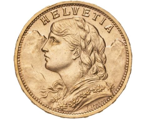 SWITZERLAND. Gold 20 francs, 1935 L. Bern. Around 20 million coins dated "L 1935 B", with the "L" standing for "lingot" (bull