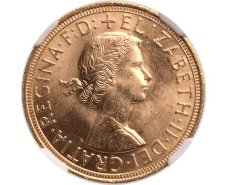 UNITED KINGDOM. Elizabeth II, 1952-2022. Gold sovereign, 1957. Royal Mint. First, laureate head of Elizabeth II facing right;