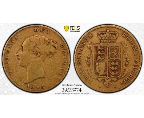 UNITED KINGDOM. Victoria, 1837-1901. Gold half-sovereign, 1853. London. First small young head of Victoria facing left, hair 