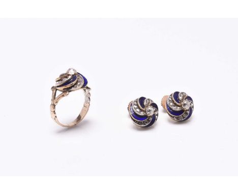 A pair of Victorian diamond and enamel earrings and matching ring, the earrings each designed as a central old cut diamond cl