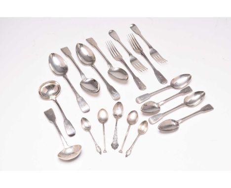 A harlequin collection of early 19th century silver Fiddle pattern flatware, mainly by William Eaton and William Eley I, Will