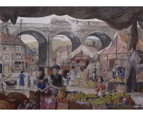 ARR Frederick Cecil Jones RBA (1891-1956) Market Day in a Pennine Town, Todmorden, titled verso, pencil and watercolour, 36.5