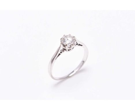 A single stone diamond ring, the brilliant cut diamond claw set in white metal to white metal shank, ring size M, weight appr