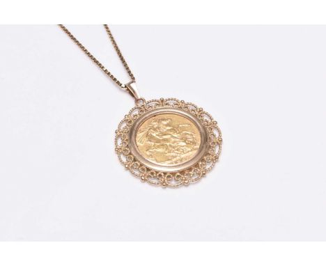 An Edward VII sovereign pendant, dated 1902, mounted in 9ct gold and suspended from 9ct gold box link chain with bolt ring cl