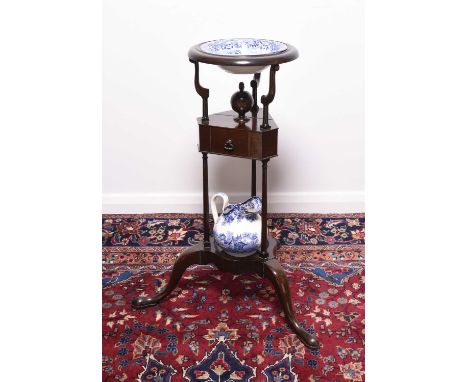 A 19th century mahogany wash standOn tripod base, with later Spode blue and white bowl and Mintons blue and white jug.80cm hi