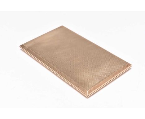 A 9ct gold cigarette case, of rectangular engine turned form with slide mechanism, hallmarked London 1958, 14.2cm x 8.5cm, we