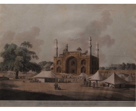 Thomas Daniell (1749-1840) Gate of the Tomb of the Emperor Akbar, at Secumdra, Near Agra, hand coloured aquatint, from Thomas