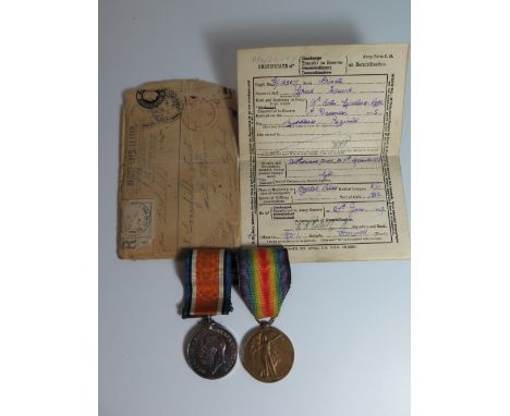 WWI Medal Pair inscribed G-12507 PTE.E.GRIST.MIDD'X R., with certificate of demobilization and envelope 