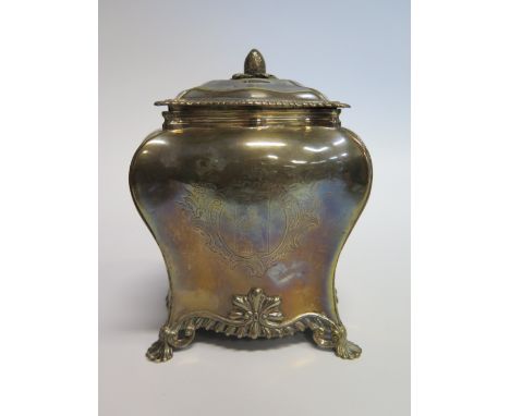 A George III Silver Tea Caddy of Bombe Form with strawberry finial and bearing the motto 'Let The World Slide' (Taming of the