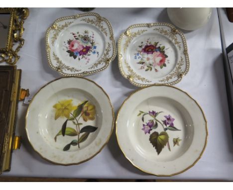 A Pair of Early Derby Named Botanical Plates (A/F) and pair of Chamberlains Worcester floral decorated plates&nbsp;