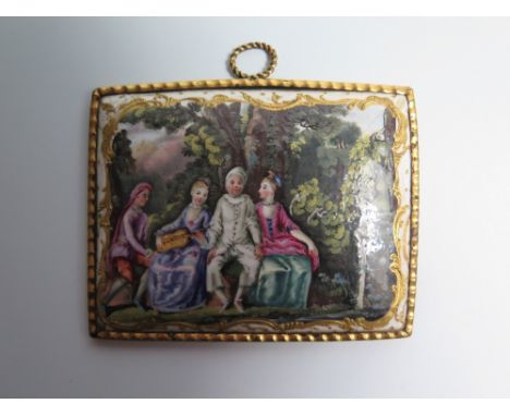 An Eighteenth Century Enamel Plaque decorated with lady playing guitar and three other figures, 87 x 68mm 