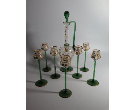 An Art Nouveau Floral Engraved and Gilt Liqueur Set 