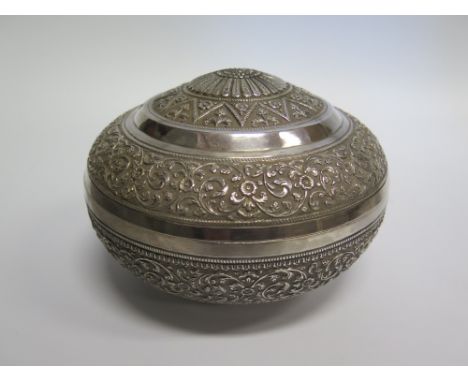 A Persian? White Metal Covered Bowl (finial missing), unmarked but tested, 726g, 16.5cm diam. 