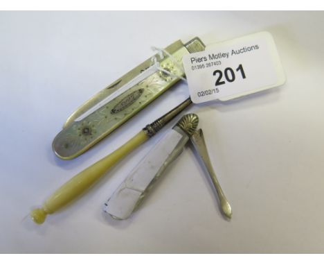 Two Victorian Silver and Mother of Pearl Fruit Knives and small fork 