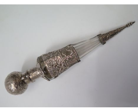 A Continental Silver Scent Flask with slice cut glass body, apparently unmarked, probably Dutch 