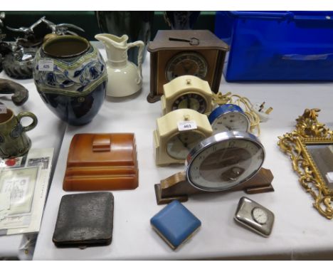 Art Deco Plastic inkwell, various clocks and two Masons plates 