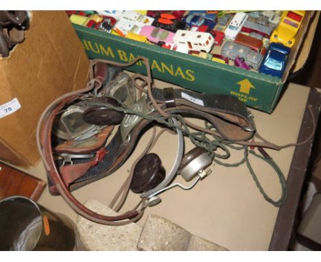 WWII Pilots Leather Helmet, earphones and goggles 